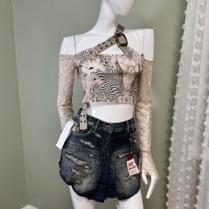 Open Aesthetic Lace & Animal Print Asymmetrical Top – Size S